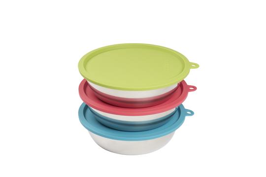 Messy Mutts 6pc Set with Three Stainless Steel Bowls and Three Silicone Lids (Large, Watermelon/Green/Blue)