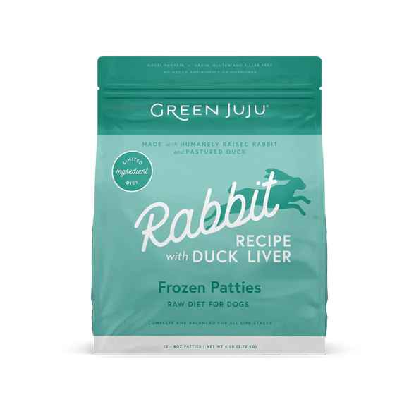 Green Juju Rabbit Recipe with Duck Liver Frozen Patties & Sliders Raw Diet for Dogs