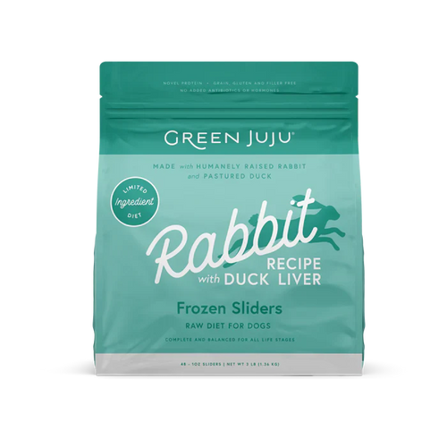 Green Juju Rabbit Recipe with Duck Liver Frozen Patties & Sliders Raw Diet for Dogs