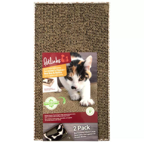 Petlinks Scratcher's Choice+ Bed Box & Refills Reversible Corrugate Cat Scratch Blocks & Cat Bed with Catnip Infusion Technology, 2 count Scratch Blocks