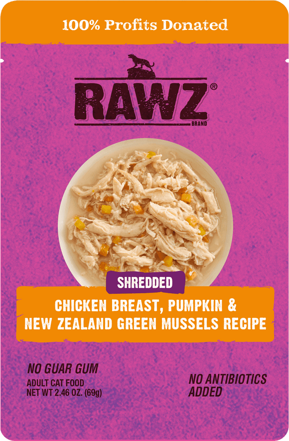 Rawz Shredded Chicken Breast, Pumpkin & New Zealand Green Mussels Cat Food Recipe